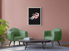 Spaceman floating free in space on a pink Inflatable Flamingo Ride-On - beink online art store