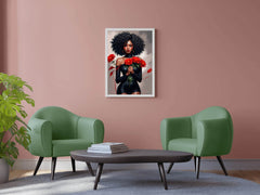 Black Woman in Black Dress Holding Red flower Wall Art - beink online art store