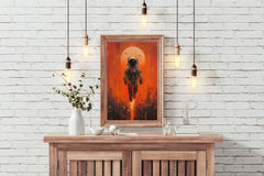 An astronaut floats in outer space with red orange background wall art - beink online art store