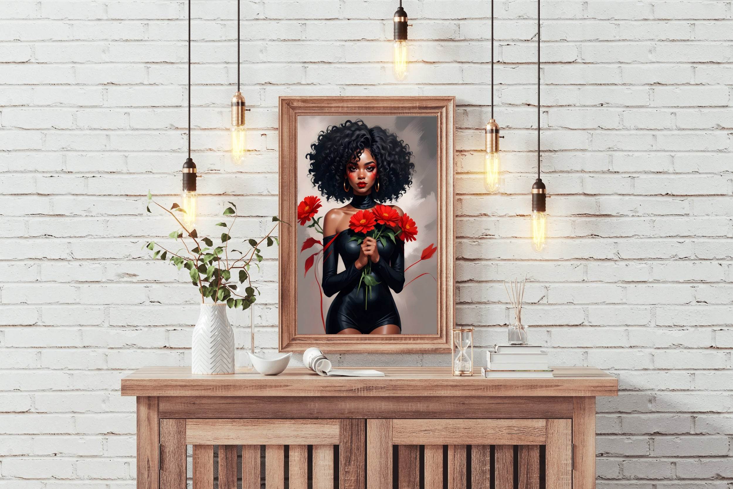 Black Woman in Black Dress Holding Red flower Wall Art - beink online art store