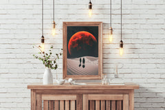 Desolate monochrome wasteland with red moon, solar eclipse at night wall art - beink online art store