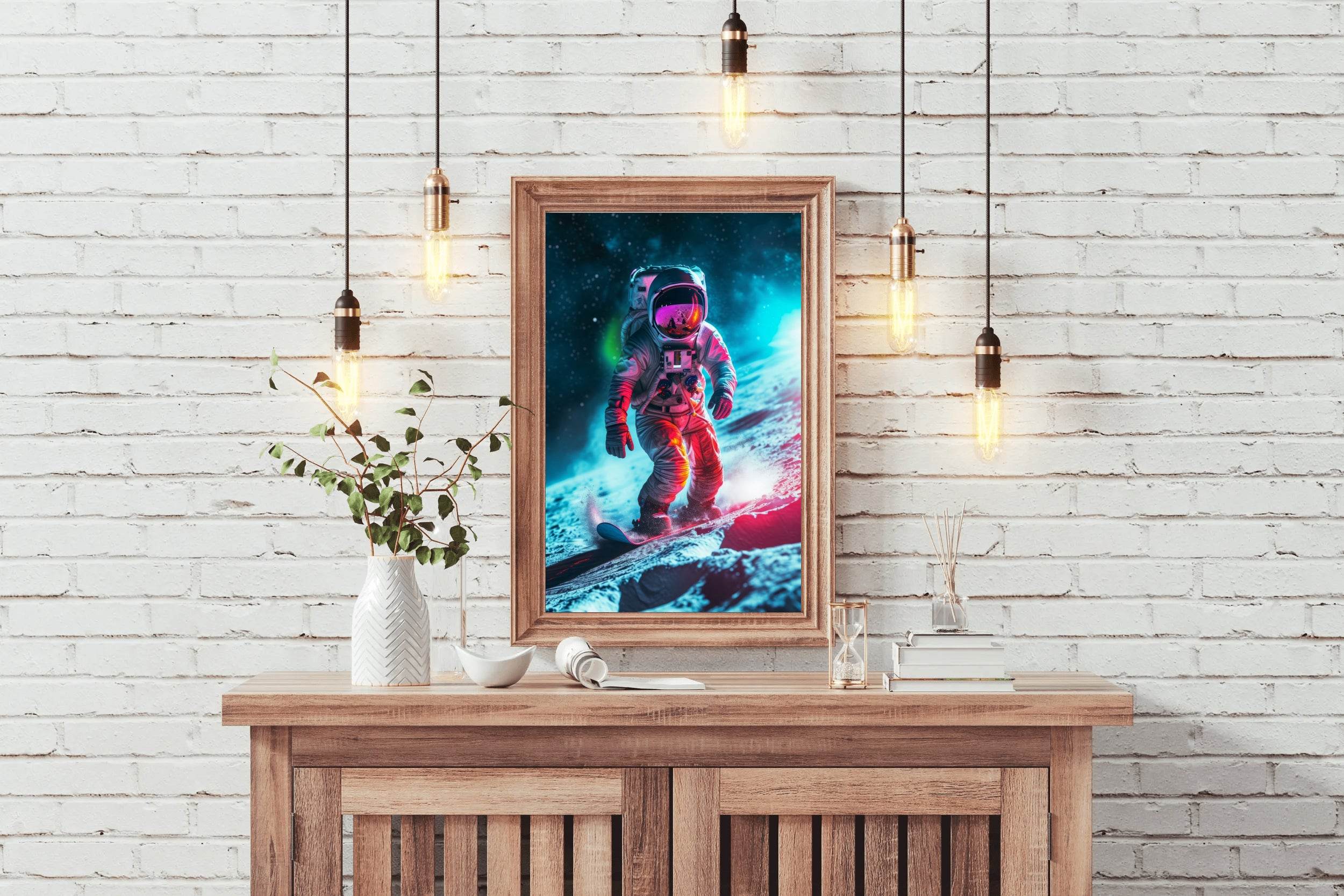 Astronaut with spacesuit on practicing snowboarding on the moon - beink online art store