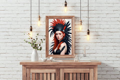 Orange Hair women with Black and Orange feather Wall Art - beink online art store