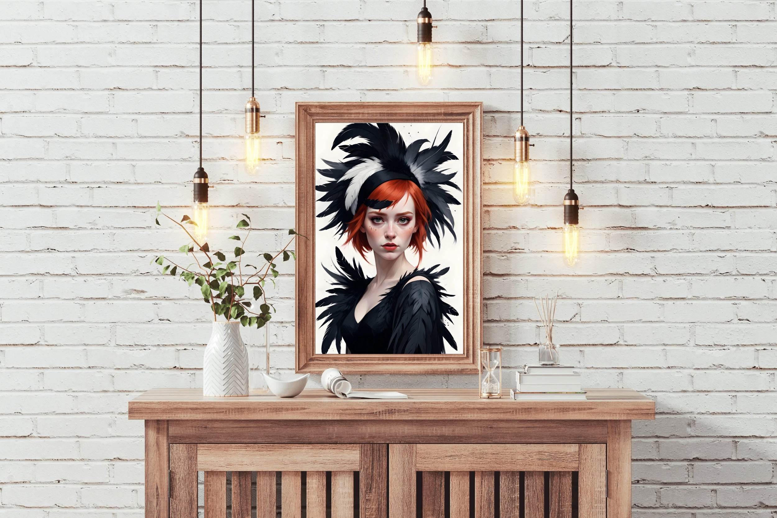 Women Character Red Hair with Black Feather Hat Wall Art - beink online art store