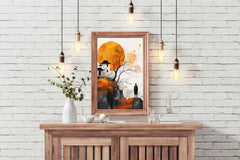 Orange Moon and Ancient House Wall Art