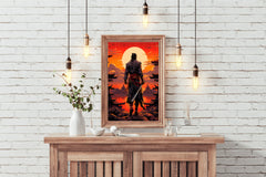 Sunset Style Portrait of Traditional Japanese's Samurai Character Anime Wall Art