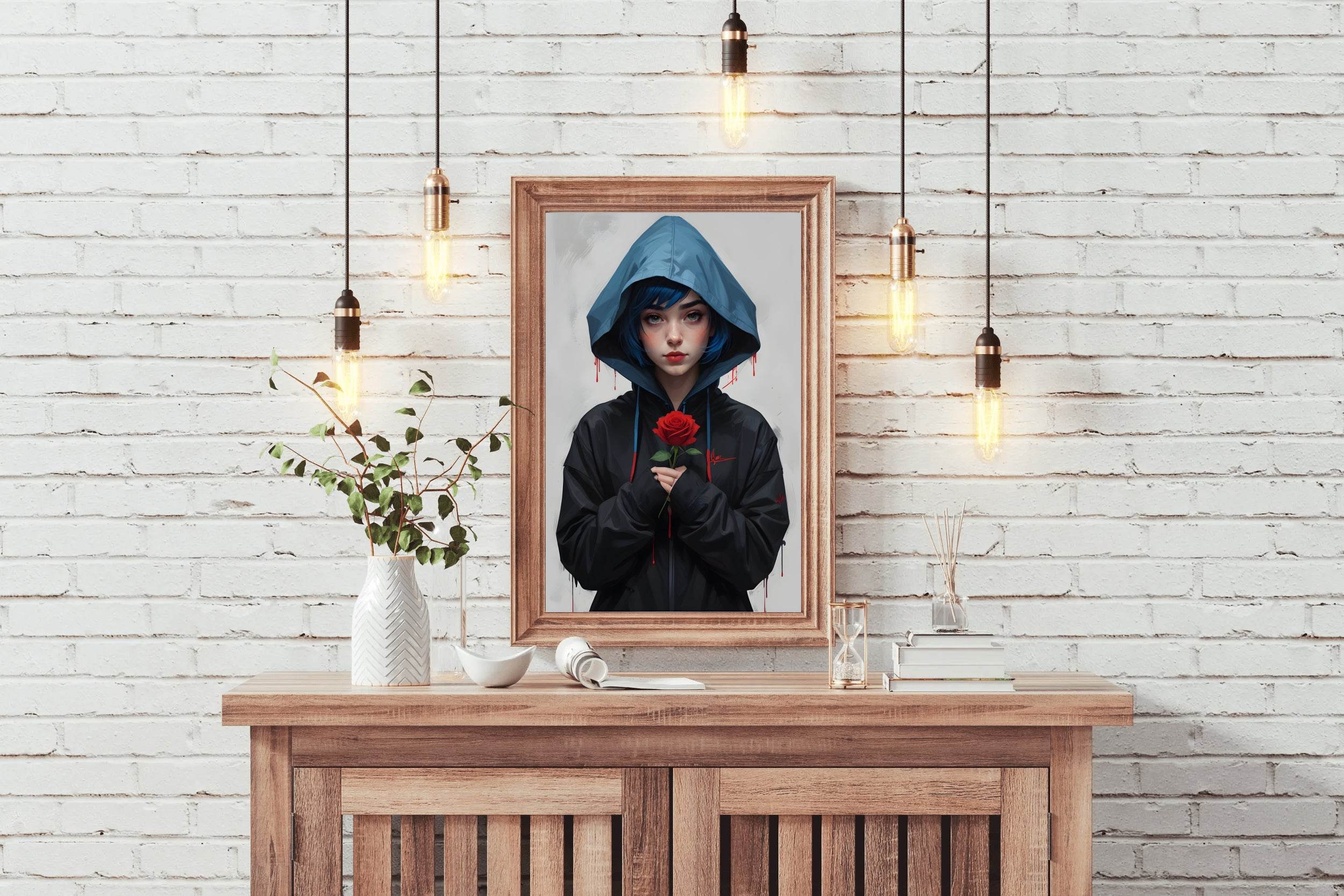 Anime Girl with Blue Hair and Blue Eyes in a Blue Jacket Wall Art - beink online art store