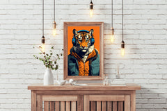 Painting of a Tiger Wearing Headphones and a Jacket.