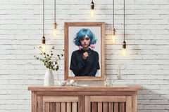 Anime Girl with Blue Hair and Pink flower Wall Art - beink online art store