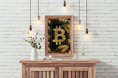 Bitcoin Logo with Gold Leaves Background Wall Art