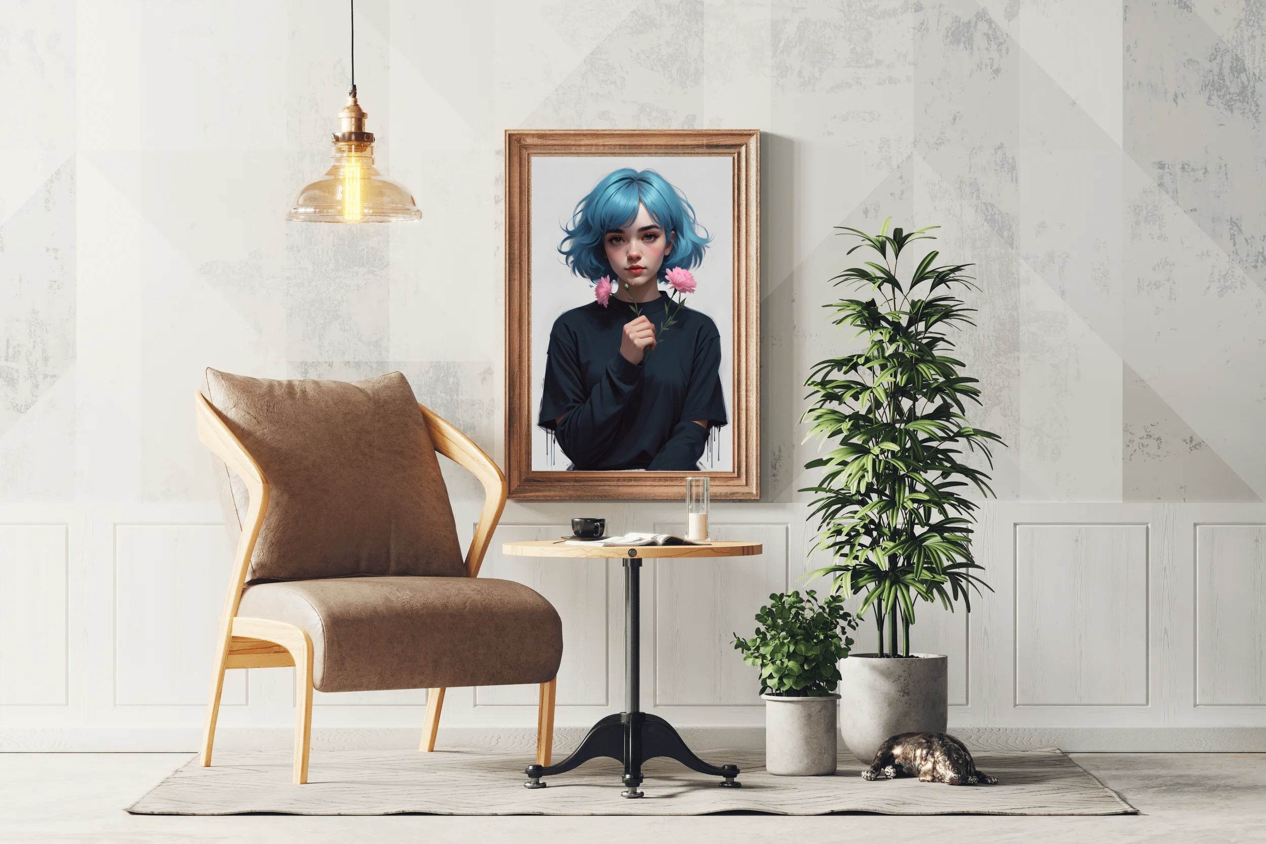 Anime Girl with Blue Hair and Pink flower Wall Art - beink online art store