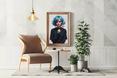 Anime Girl with Blue Hair and Pink flower Wall Art - beink online art store