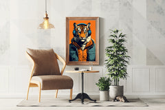 Painting of a Tiger Wearing Headphones and a Jacket.