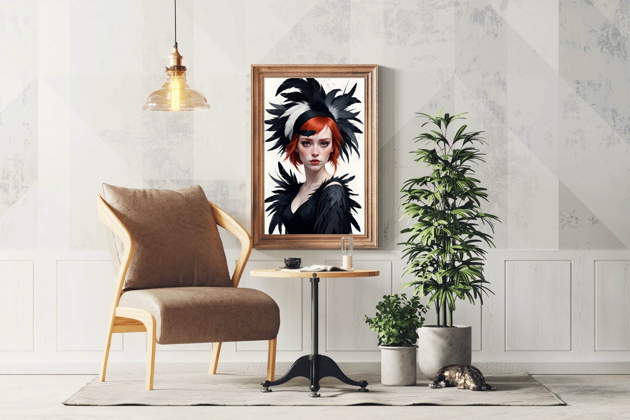 Women Character Red Hair with Black Feather Hat Wall Art - beink online art store