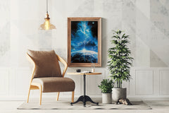 A painting of a planet and a light beam - beink online art store