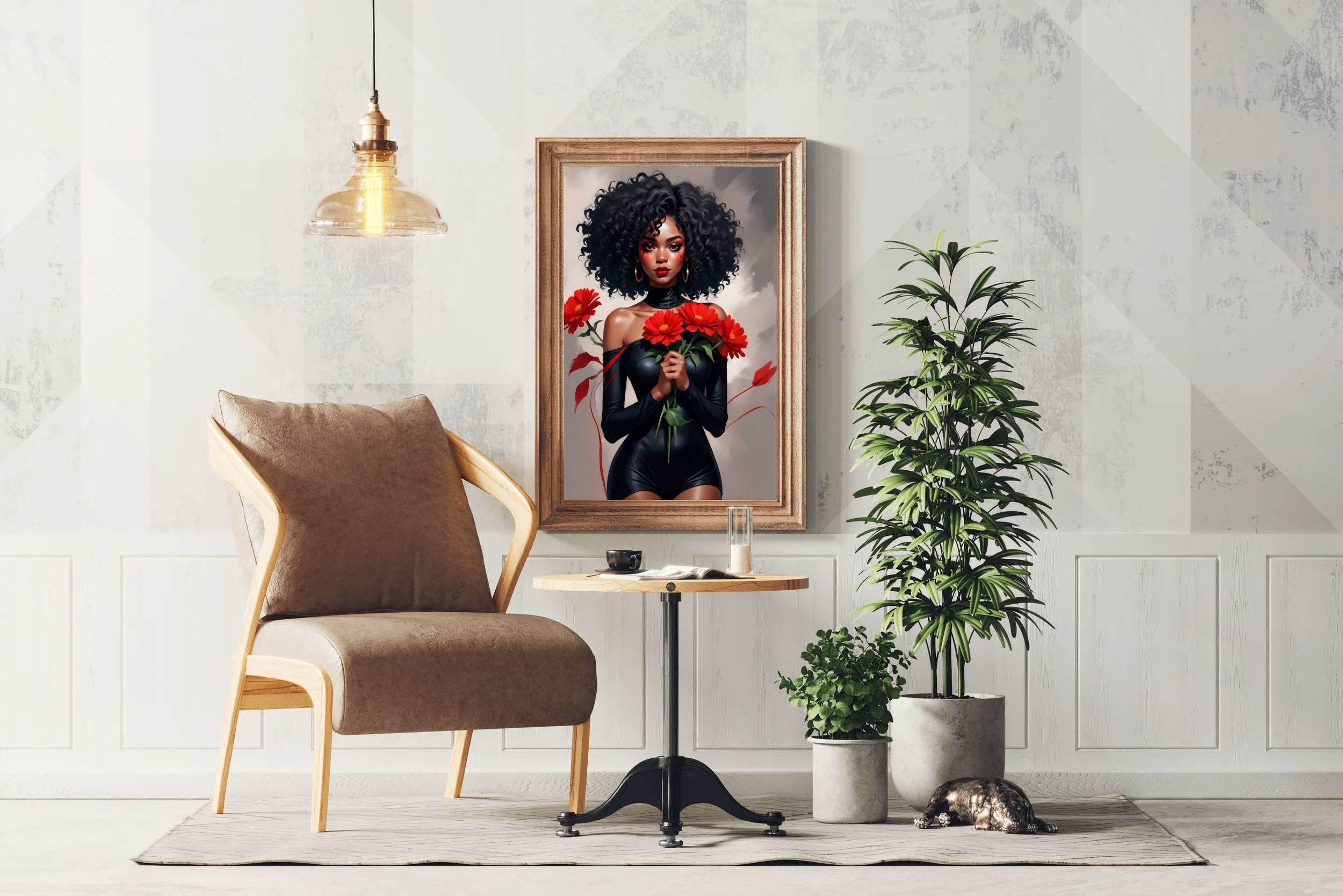Black Woman in Black Dress Holding Red flower Wall Art - beink online art store