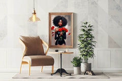 Black Woman in Black Dress Holding Red flower Wall Art - beink online art store