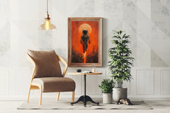 An astronaut floats in outer space with red orange background wall art - beink online art store