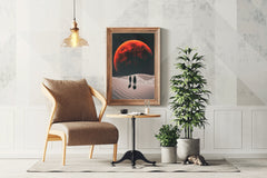 Desolate monochrome wasteland with red moon, solar eclipse at night wall art - beink online art store