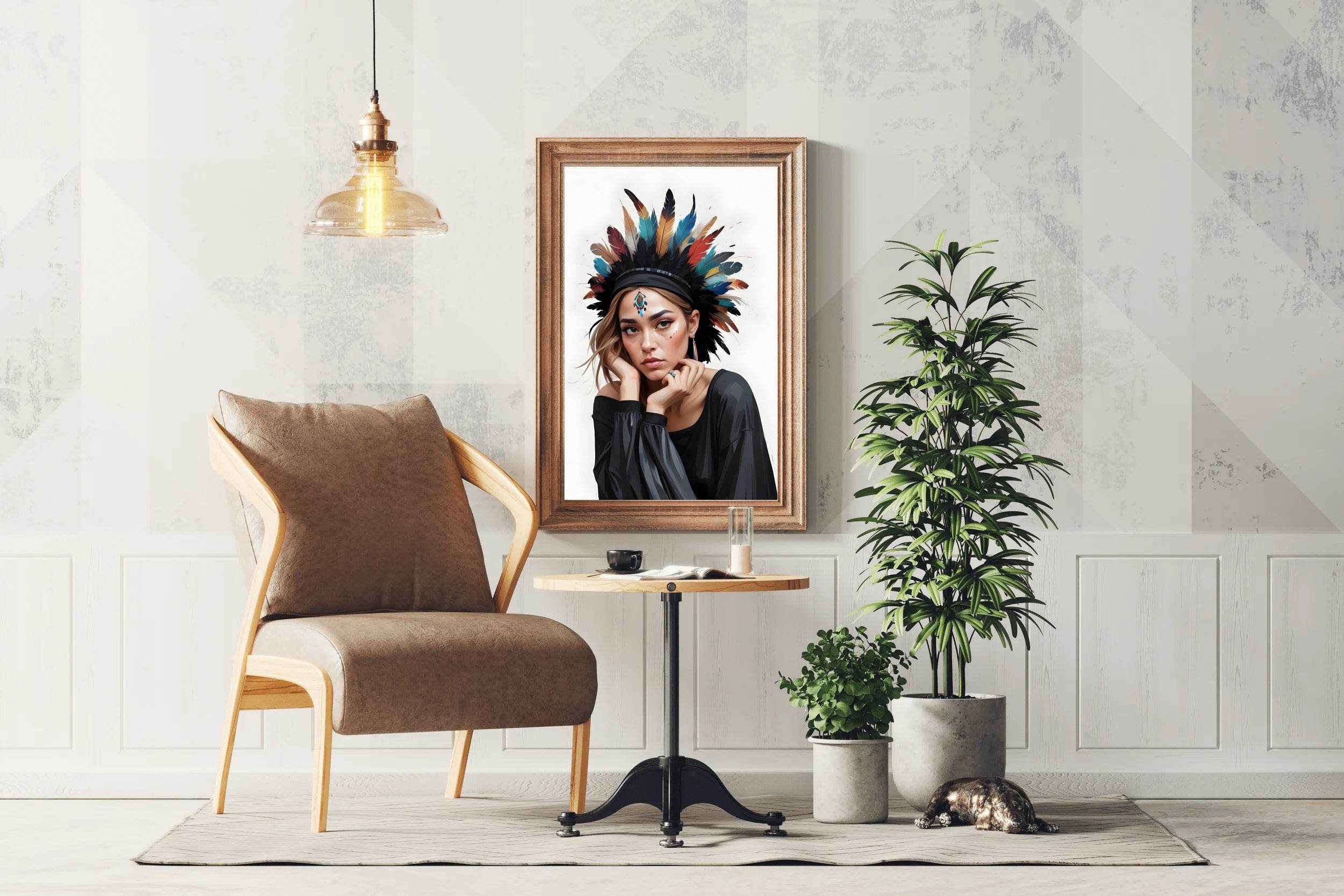 Lady with Brown Hair Feather Hat Wall Art - beink online art store