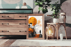 Orange Moon and Ancient House Wall Art