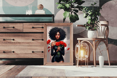 Black Woman in Black Dress Holding Red flower Wall Art - beink online art store