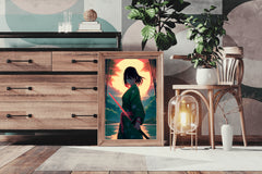 Anime Girl With katana In Forest Sunset Anime Wall Art