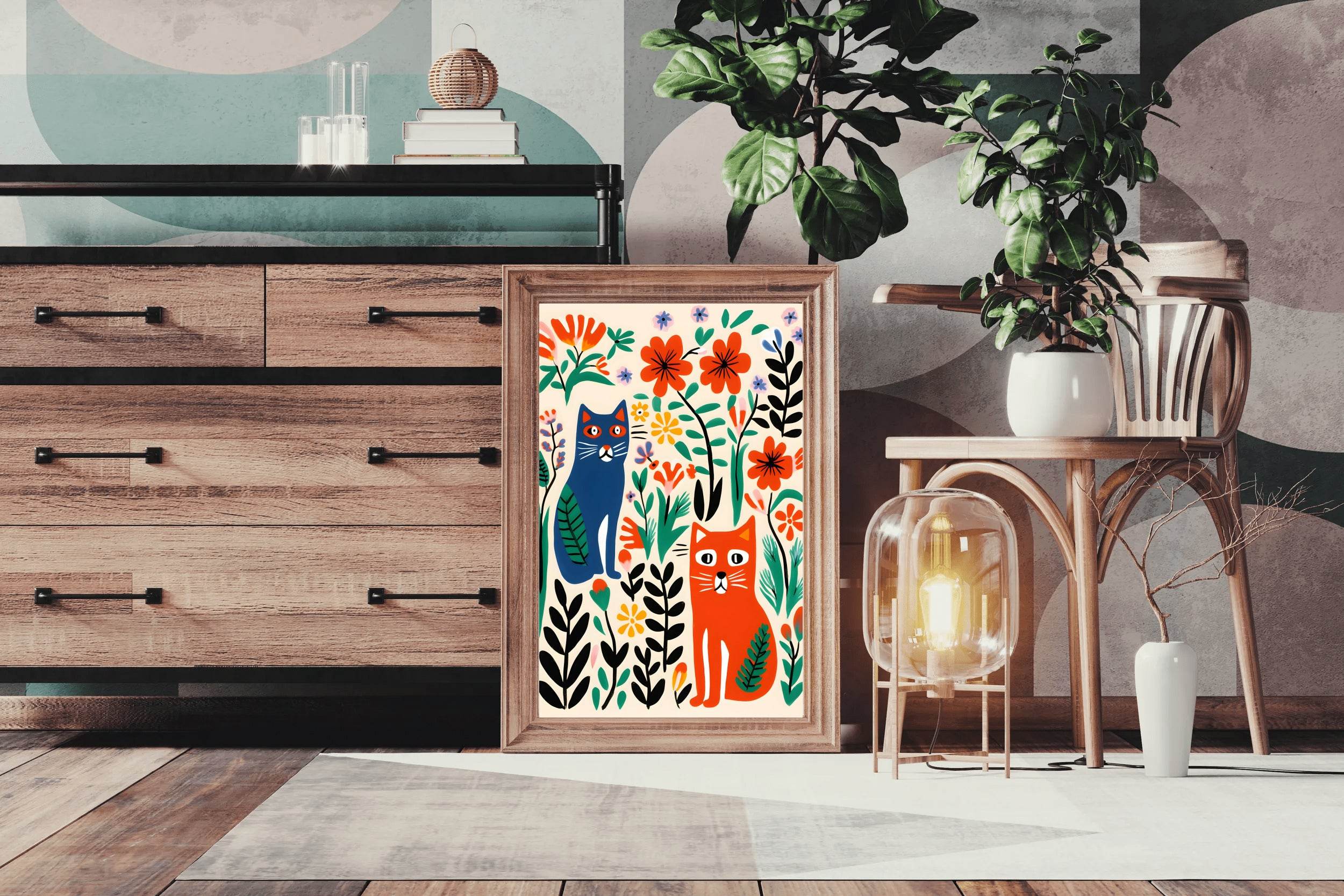 Painting Colored Cats Among Flowers Art - beink online art store