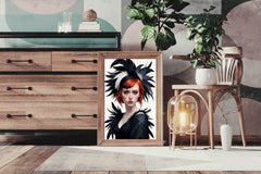 Women Character Red Hair with Black Feather Hat Wall Art - beink online art store