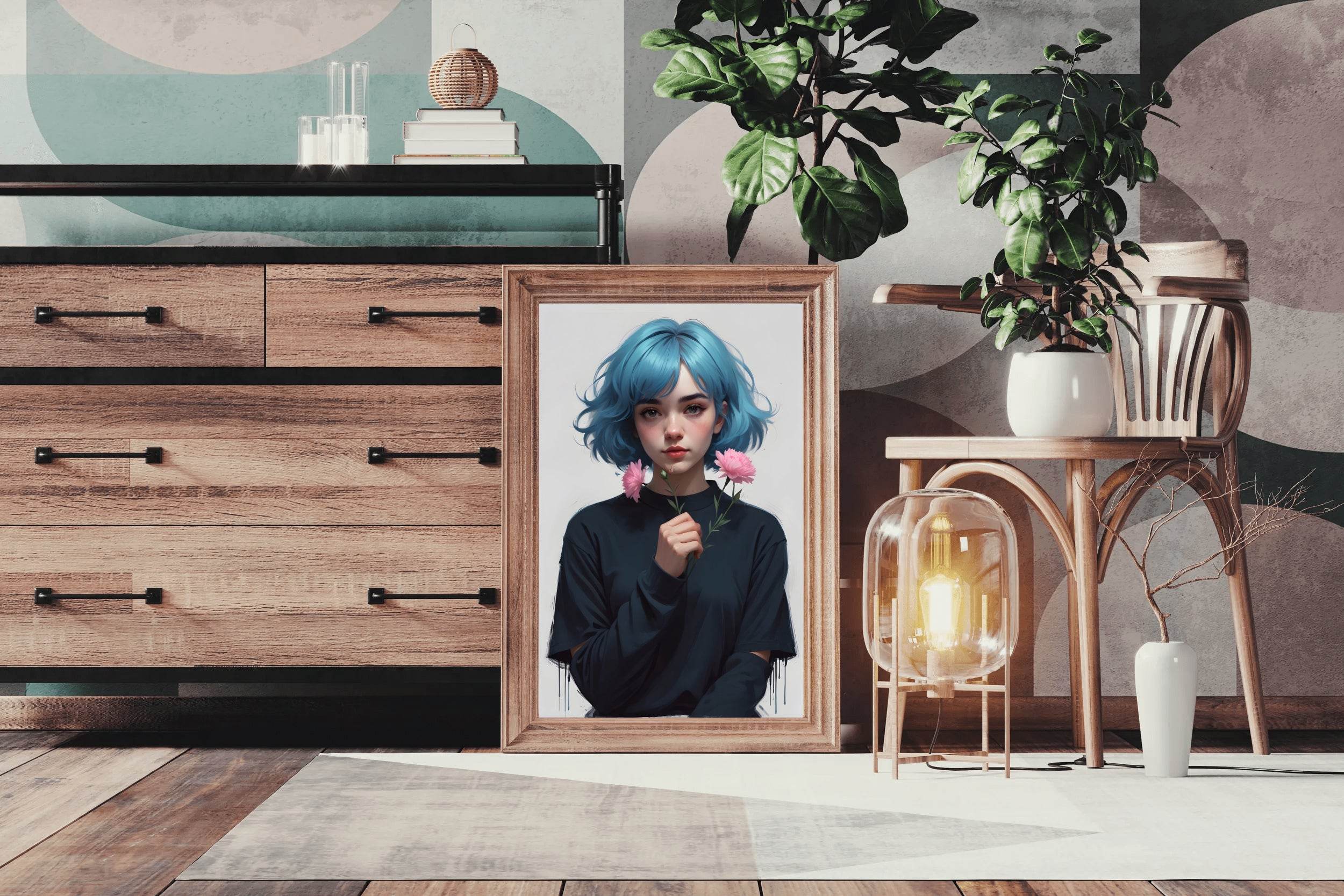 Anime Girl with Blue Hair and Pink flower Wall Art - beink online art store