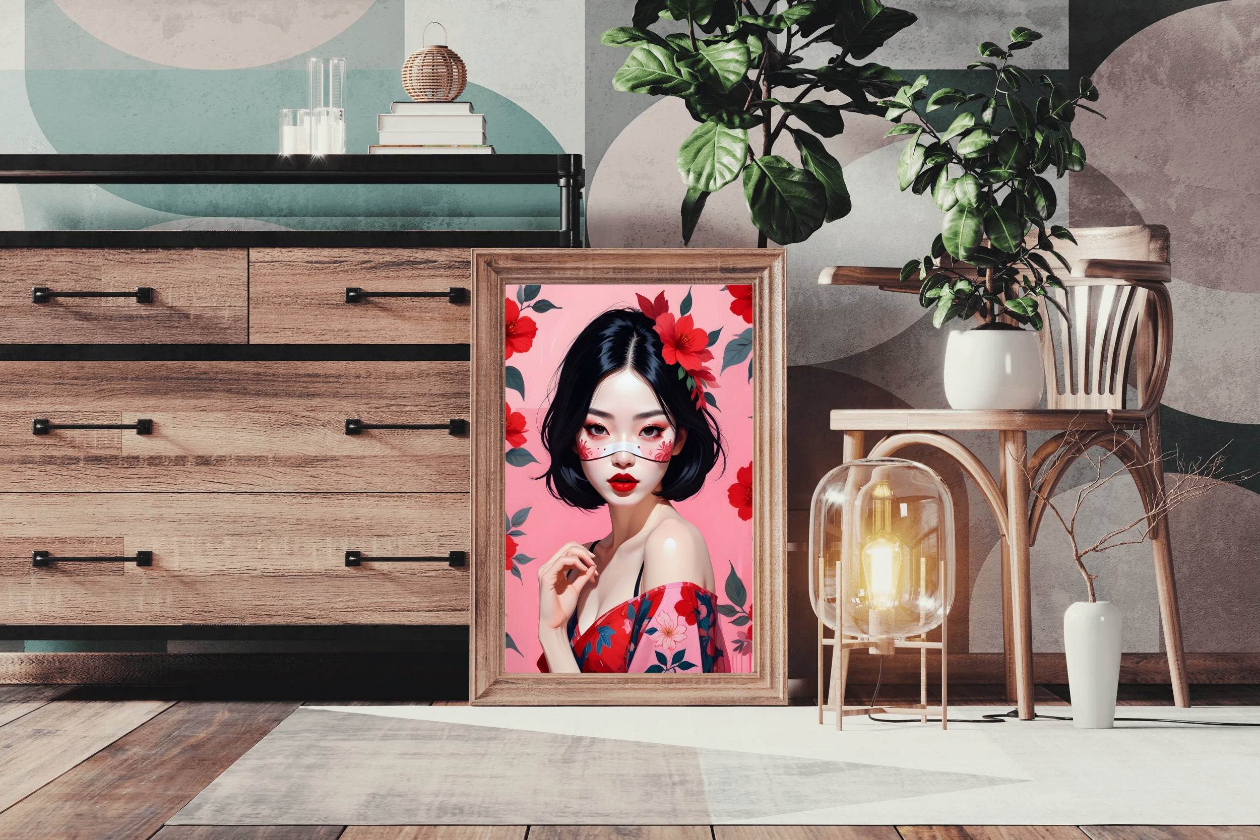 Japanese character with Pink and Red flower background Wall Art - beink online art store
