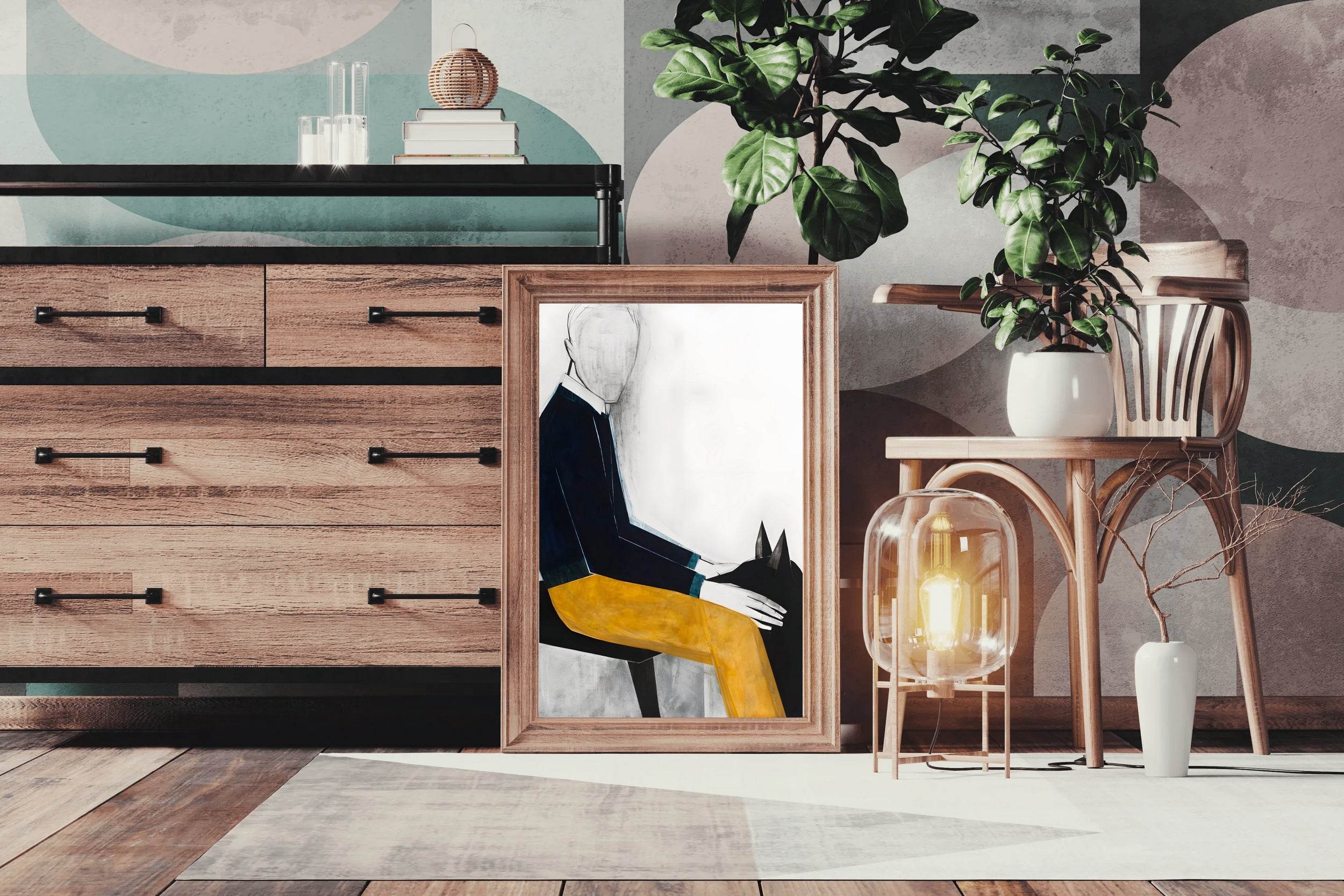 Sketch Wall Art of Man Sitting with Dog - beink online art store