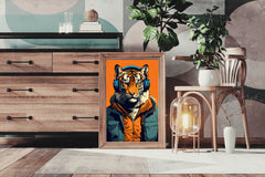 Painting of a Tiger Wearing Headphones and a Jacket.