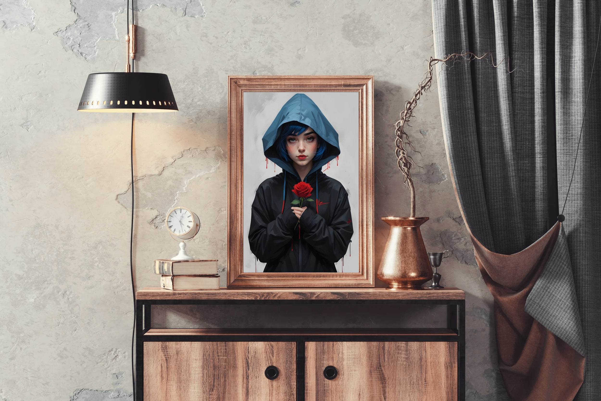 Anime Girl with Blue Hair and Blue Eyes in a Blue Jacket Wall Art - beink online art store