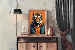 Painting of a Tiger Wearing Headphones and a Jacket.