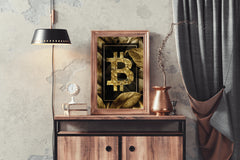 Bitcoin Logo with Gold Leaves Background Wall Art