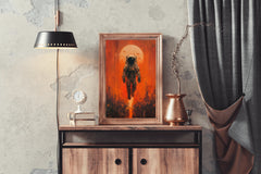 An astronaut floats in outer space with red orange background wall art