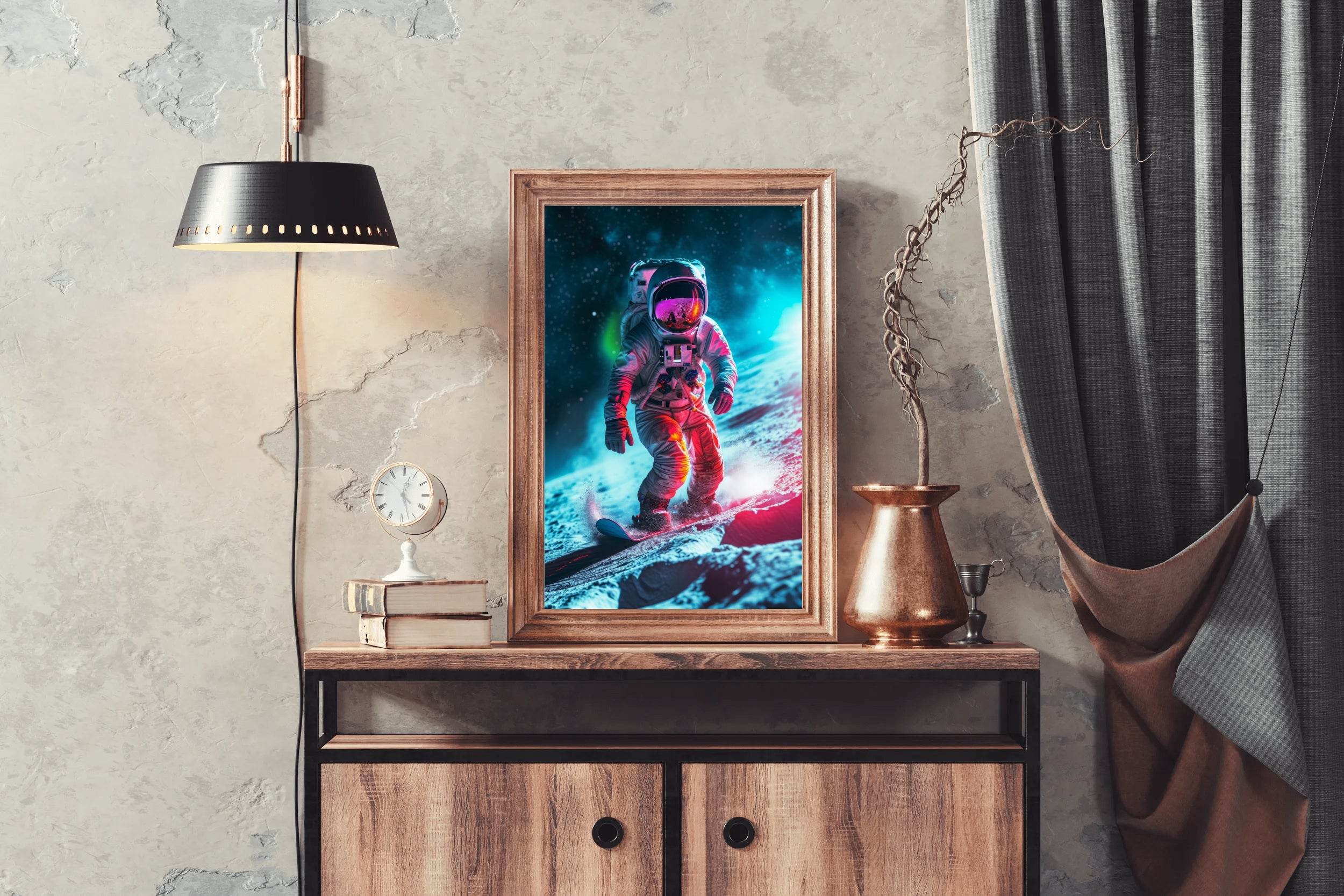 Astronaut with spacesuit on practicing snowboarding on the moon - beink online art store