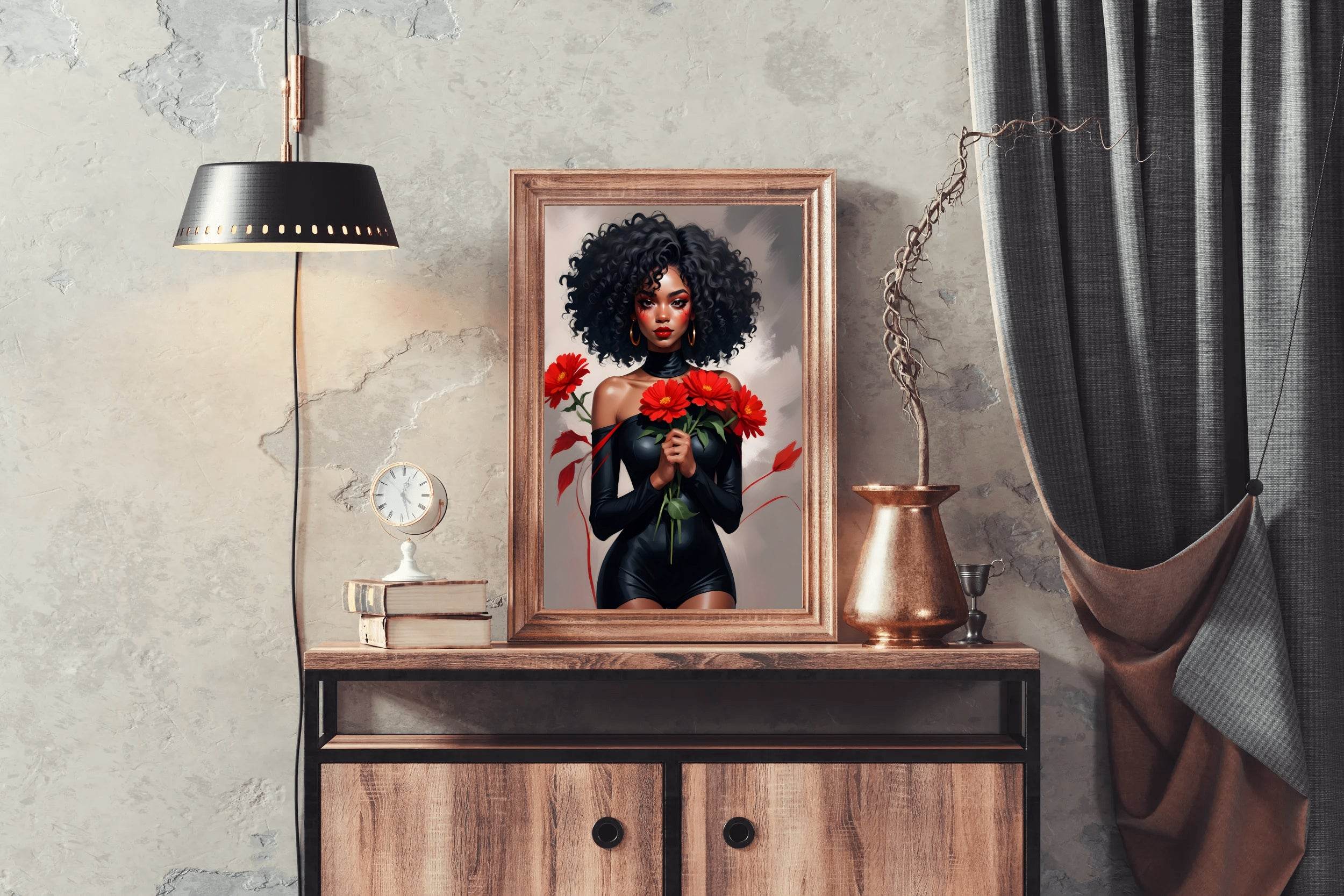 Black Woman in Black Dress Holding Red flower Wall Art - beink online art store