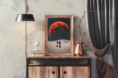 Desolate monochrome wasteland with red moon, solar eclipse at night wall art - beink online art store