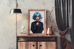 Anime Girl with Blue Hair and Pink flower Wall Art - beink online art store