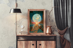 A painting of a planet with a blue sky artwork