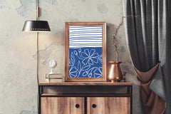 Blue and White Striped Paper With Flowers Wall Art