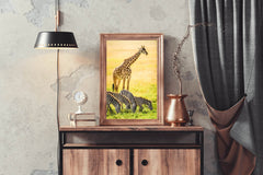 Northren Giraffe and Zebra Grazing in Savanna Wall Art - beink online art store