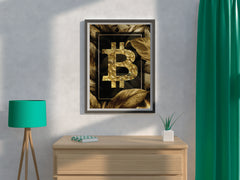 Bitcoin Logo with Gold Leaves Background Wall Art