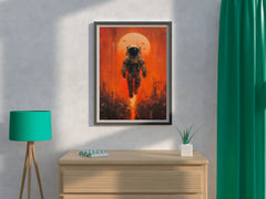 An astronaut floats in outer space with red orange background wall art