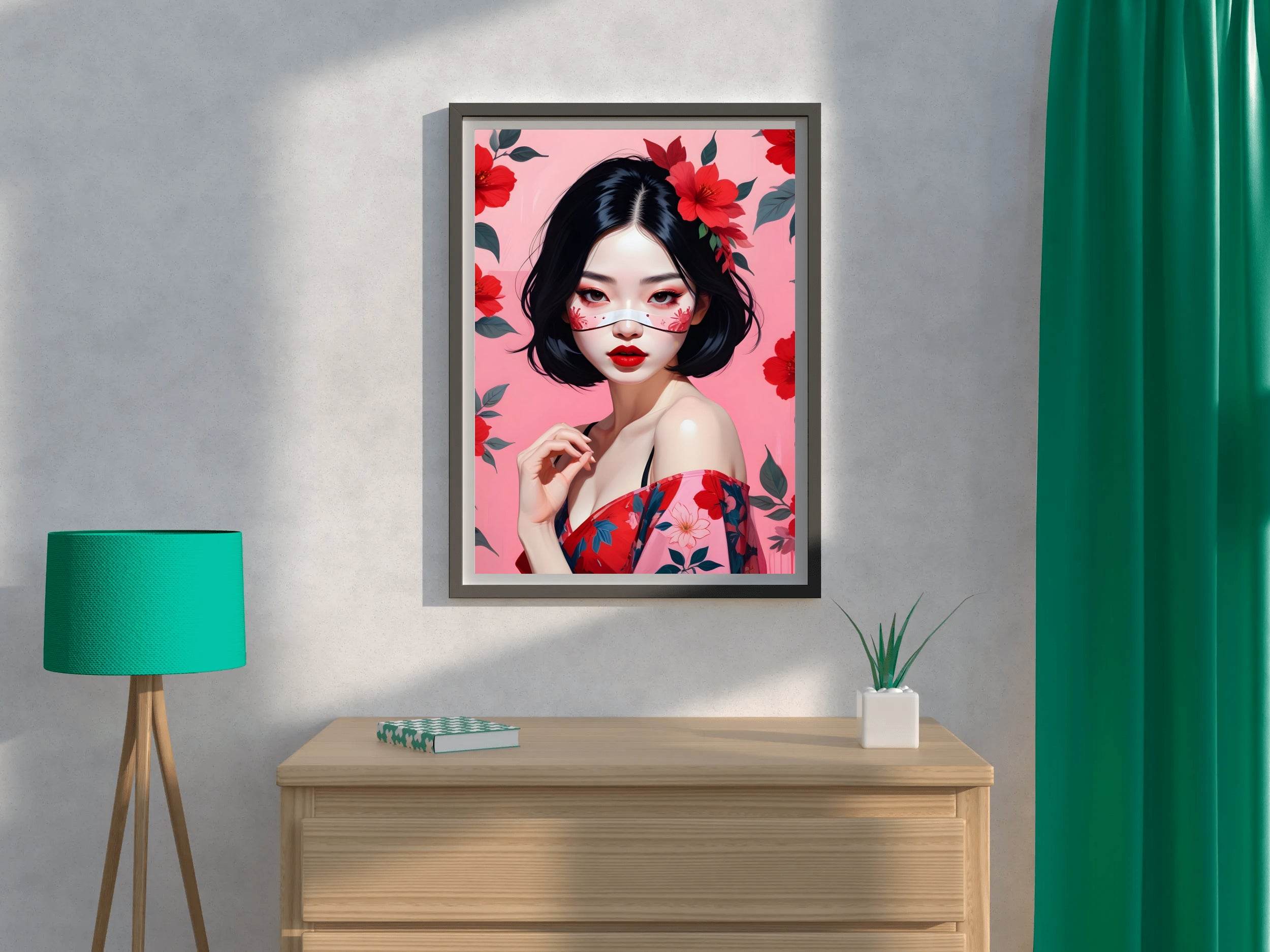 Japanese character with Pink and Red flower background Wall Art - beink online art store