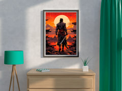 Sunset Style Portrait of Traditional Japanese's Samurai Character Anime Wall Art