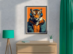 Painting of a Tiger Wearing Headphones and a Jacket.