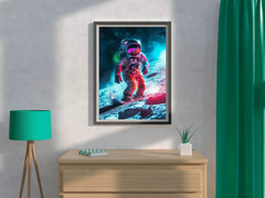 Astronaut with spacesuit on practicing snowboarding on the moon - beink online art store